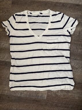 Striped V-Neck Pocket Tee - White & Navy
